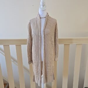 Open-Knit Long Cardigan Sweater in Beige
